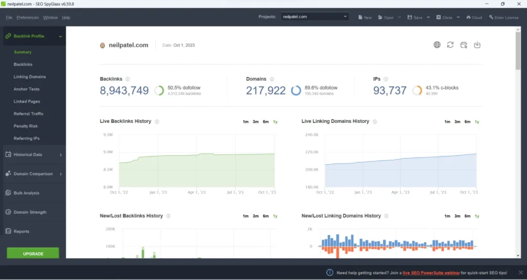 SEO PowerSuite SEO SpyGlass backlink profile dashboard showing backlinks, referring domains, IPs, and link growth history.