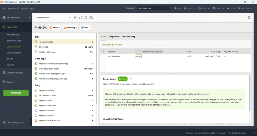 website auditor comprehensive content audit A comprehensive content audit dashboard in WebSite Auditor for CyberNaira.com, displaying a multi-column table with page URLs, content scores, word counts, and page traffic metrics alongside detailed SEO health indicators.