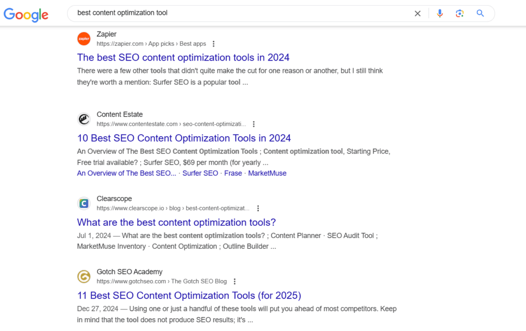 Google search result for best content optimization tool