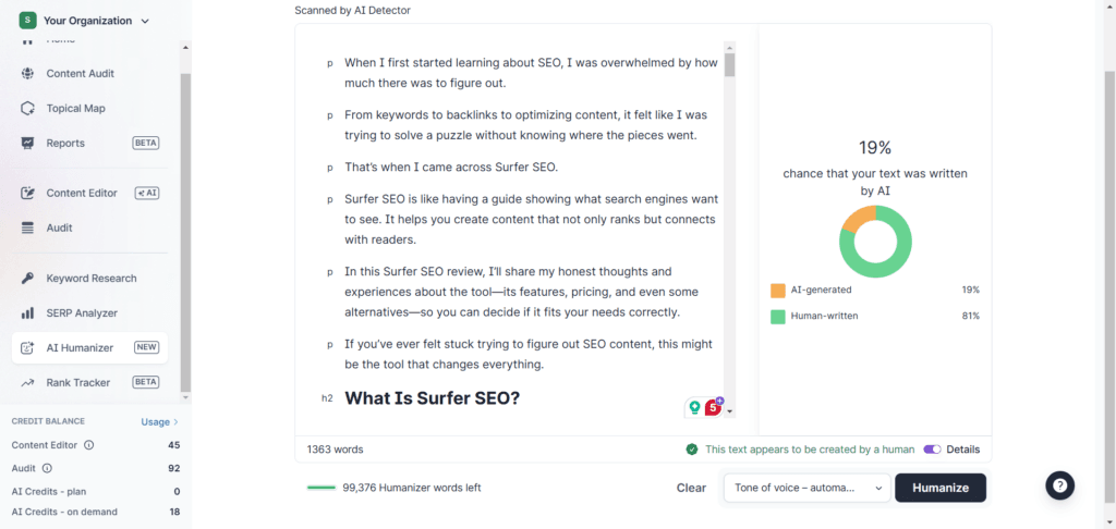 Surfer SEO - AI Humanizer report