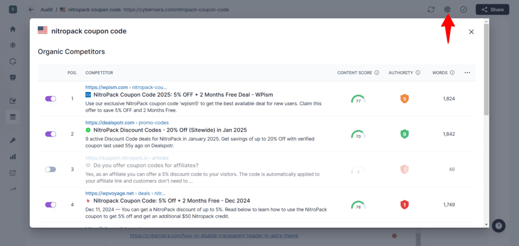 Surfer SEO Audit - filter for refining competitor list