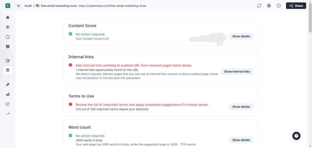 Surfer SEO Audit tool analysis