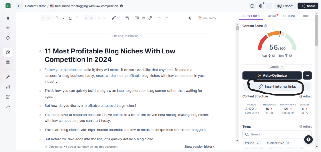 Surfer SEO Auto insert internal link button
