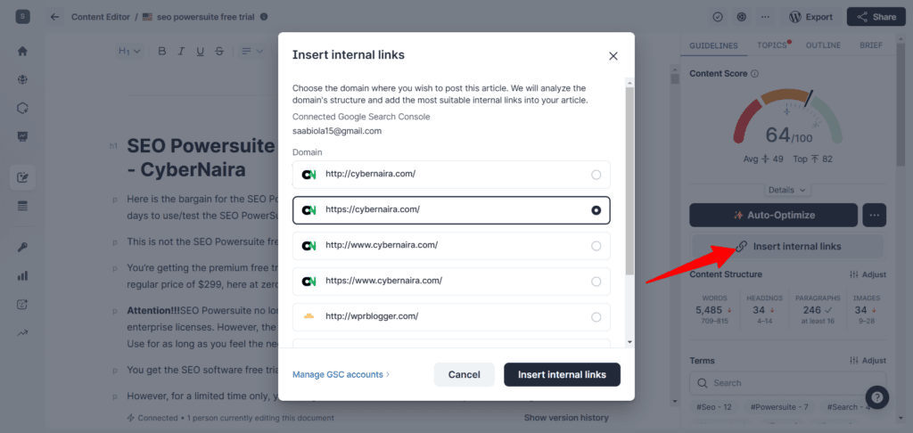 Surfer SEO - Automatically add internal links