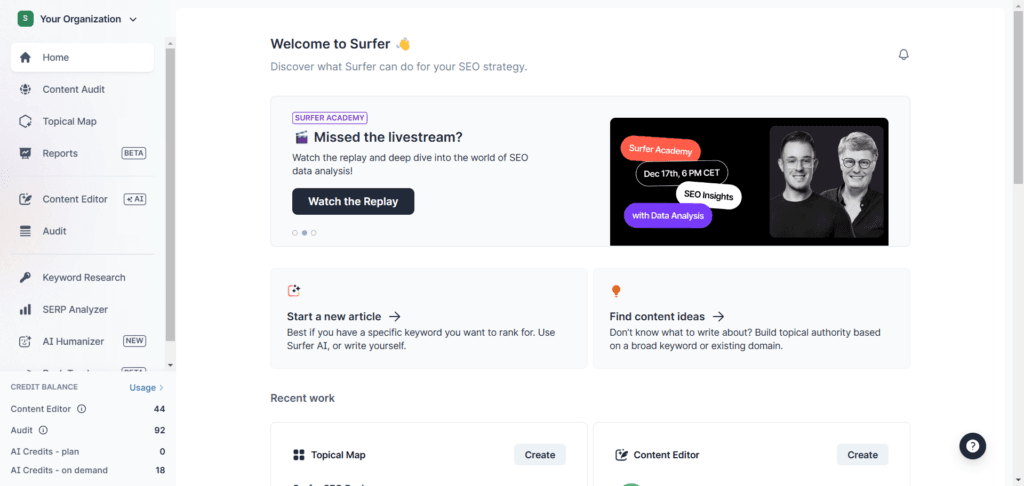 Surfer SEO Home page user dashboard