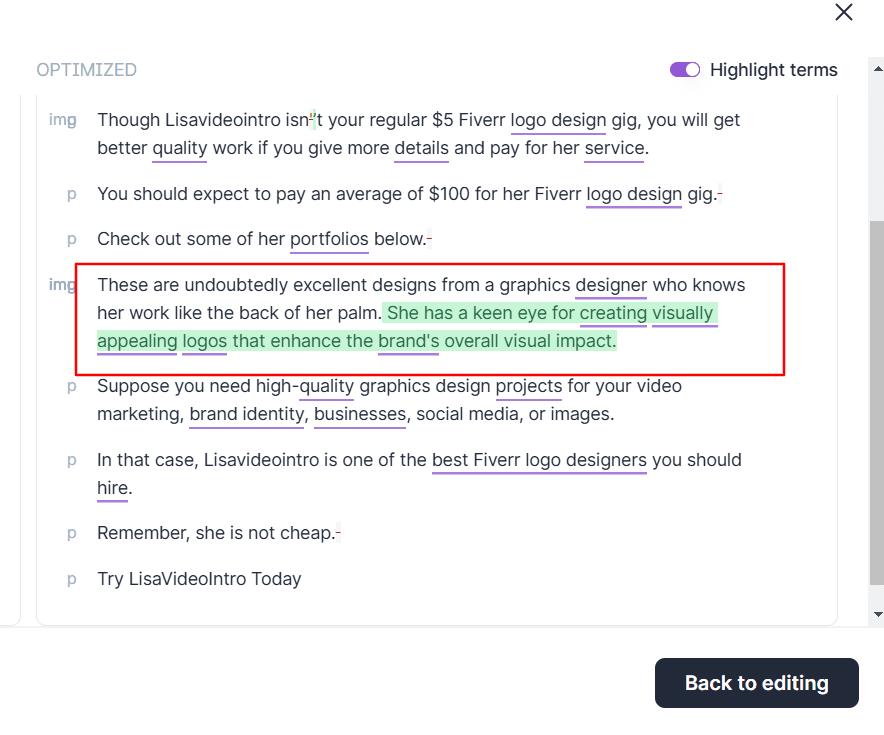 Surfer SEO - Perfect blends of sentence