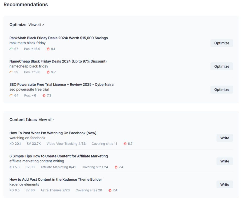 Surfer SEO - Report section with recommendations