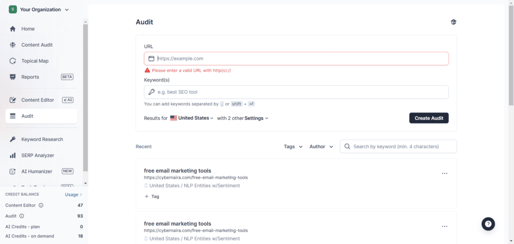 Surfer SEO Site Audit tool