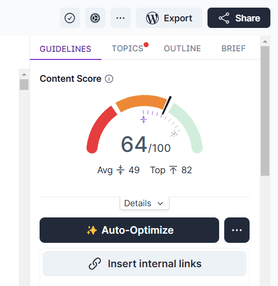 Surfer SEO - Topics menu