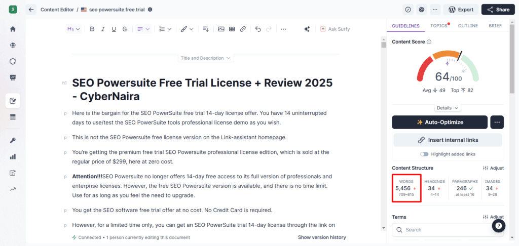 Surfer SEO - reduce content length suggestions