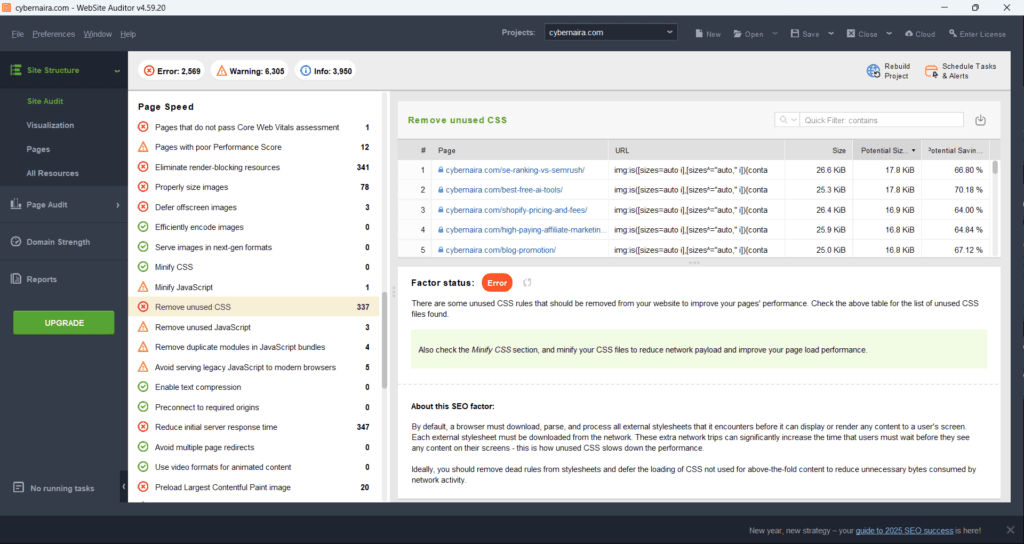 Website Auditor - Page Speed Insights reports
