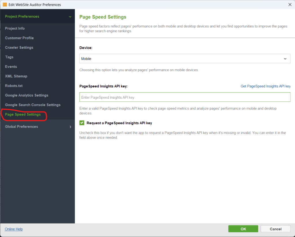 Website Auditor - Page Speed Setting page with API Keys