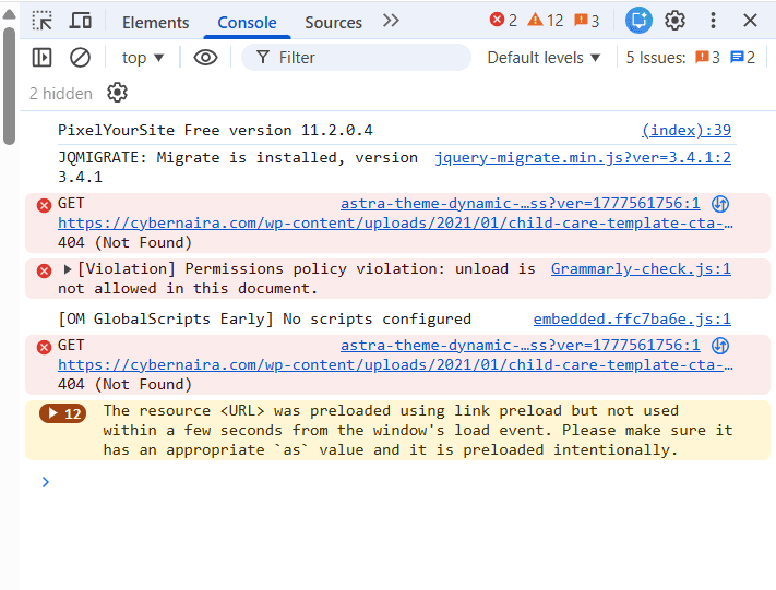 Browser developer console showing technical 404 errors for an Astra theme resource on a WordPress site.