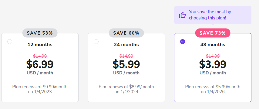 hostinger hosting subscription length and savings - CyberNaira Hostinger subscription duration cards showing monthly pricing and percentage savings for twelve, twenty-four, and forty-eight month terms.