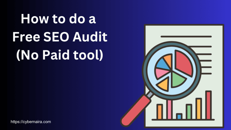 Graphic featuring text "How to do a Free SEO Audit (No Paid tool)" with illustrations of a magnifying glass, pie chart, and bar graph.