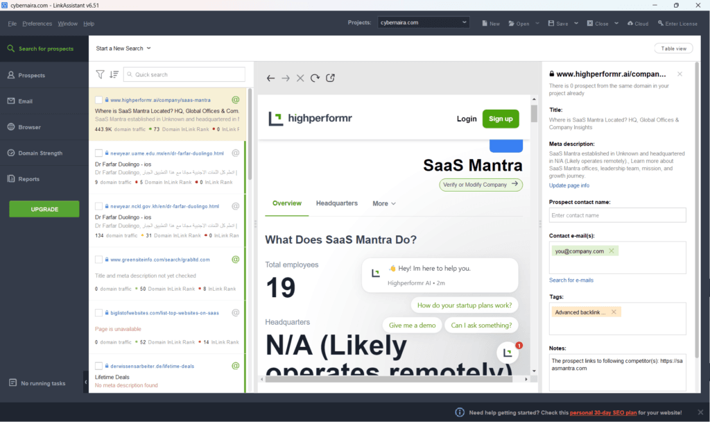 linkassistant prospect search backlink outreach dashboard LinkAssistant prospect search interface showing SaaS Mantra company details and backlink outreach prospect information.