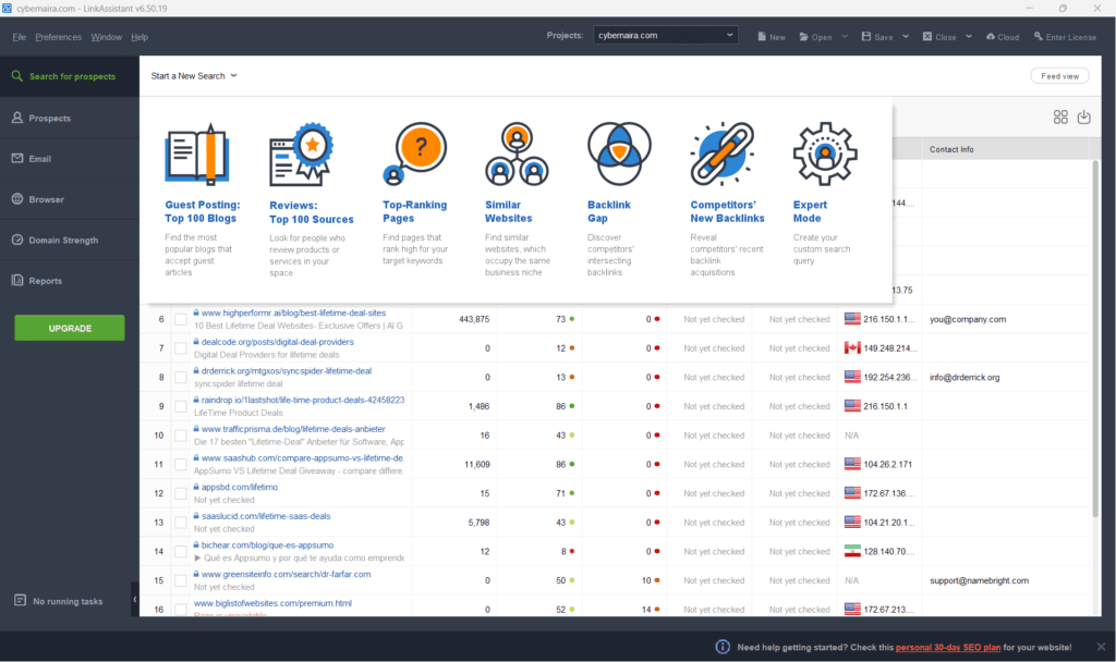 linkassistant prospect search dashboard interface walkthrough LinkAssistant dashboard showing prospect search options including Guest Posting, Reviews, Top-Ranking Pages, Similar Websites, Backlink Gap, Competitors’ New.