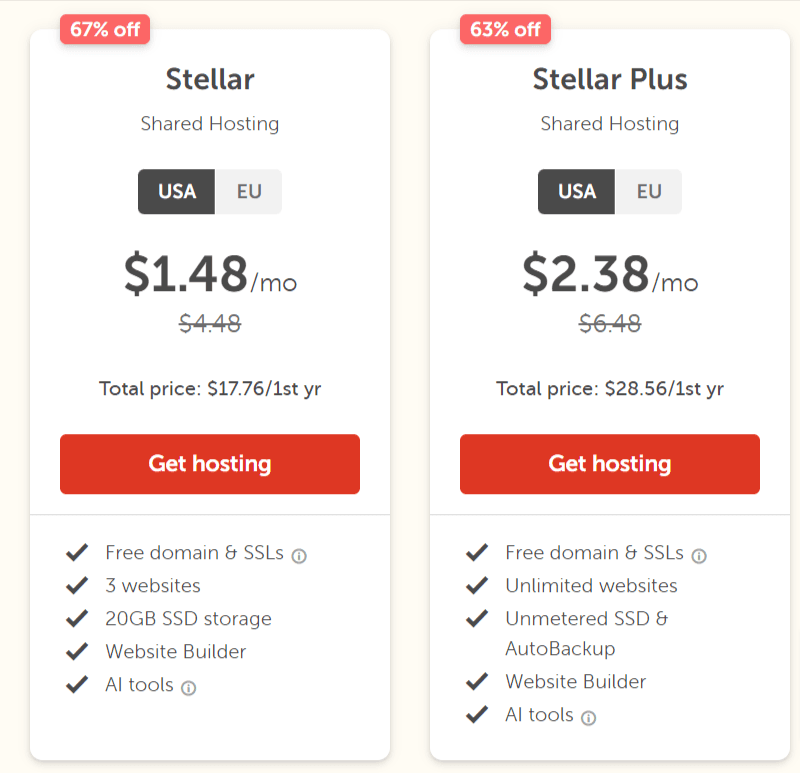 namecheap shared hosting discount comparison Namecheap Stellar and Stellar Plus shared hosting plans comparison with discounts up to 67% off.