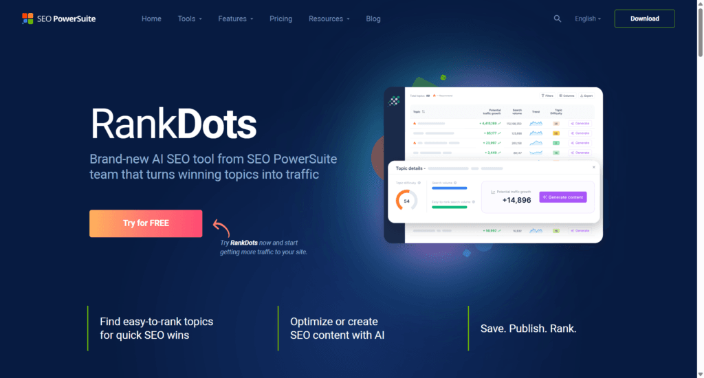 rankdots ai seo tool topical authority content optimization RankDots landing page featuring AI SEO tool interface for finding easy-to-rank topics and optimizing content.