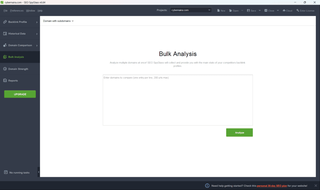 seo spyglass bulk analysis competitor backlink SEO SpyGlass Bulk Analysis tool interface featuring a domain entry text box and analyze button.