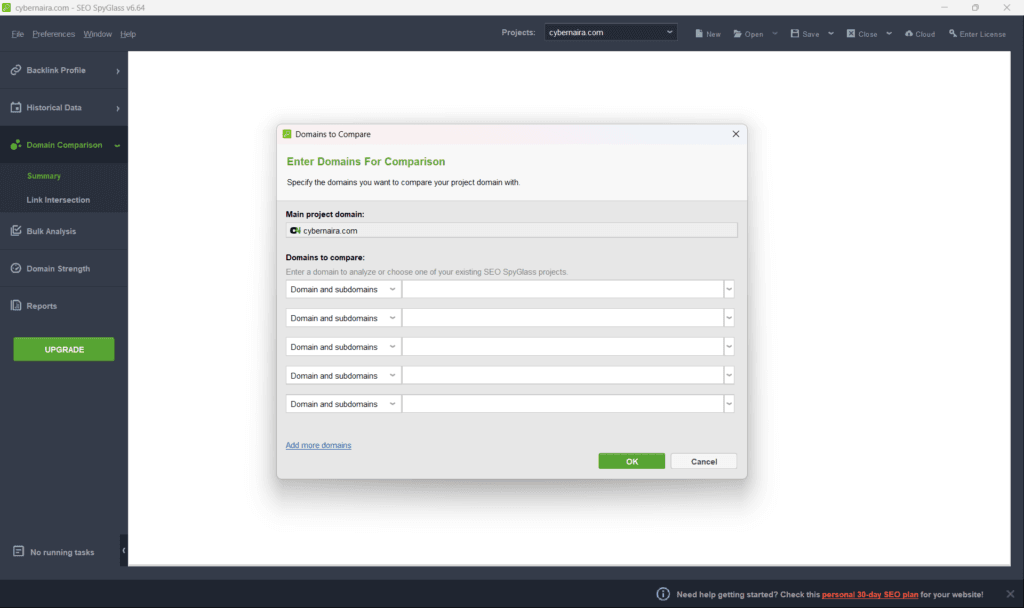 seo spyglass link insertion domain comparison analysis SEO SpyGlass domain comparison window with fields for entering multiple competitor domains for analysis against a main project.