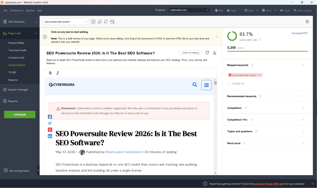 website auditor content editor module optimization WebSite Auditor content editor interface showing an SEO Powersuite review draft with an optimization rate score of 93.7%.