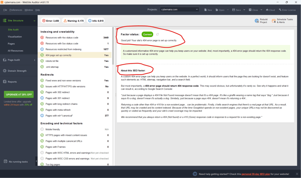 WebSite Auditor dashboard confirming a correctly configured 404 error page for cybernaira.com with technical SEO factor details.