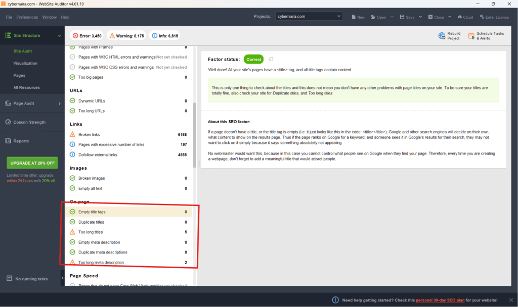 WebSite Auditor dashboard displaying on-page SEO results for cybernaira.com highlighting title tags and meta descriptions status.