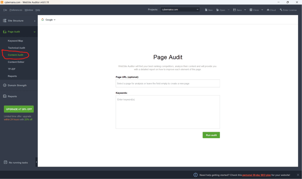 WebSite Auditor dashboard for cybernaira.com displaying the Page Audit interface with a red circle highlighting the Content Audit option.