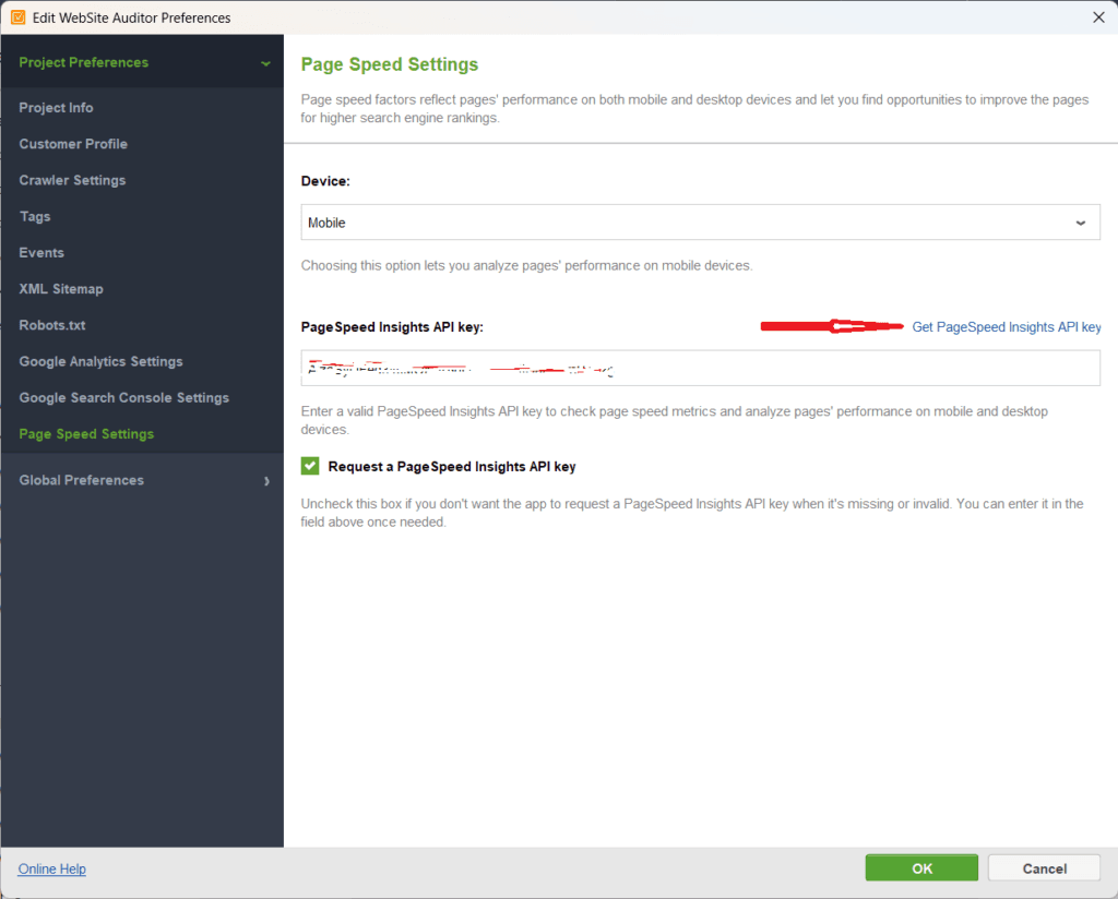 WebSite Auditor preferences window showing Page Speed Settings with fields for mobile device selection and PageSpeed Insights API key integration.