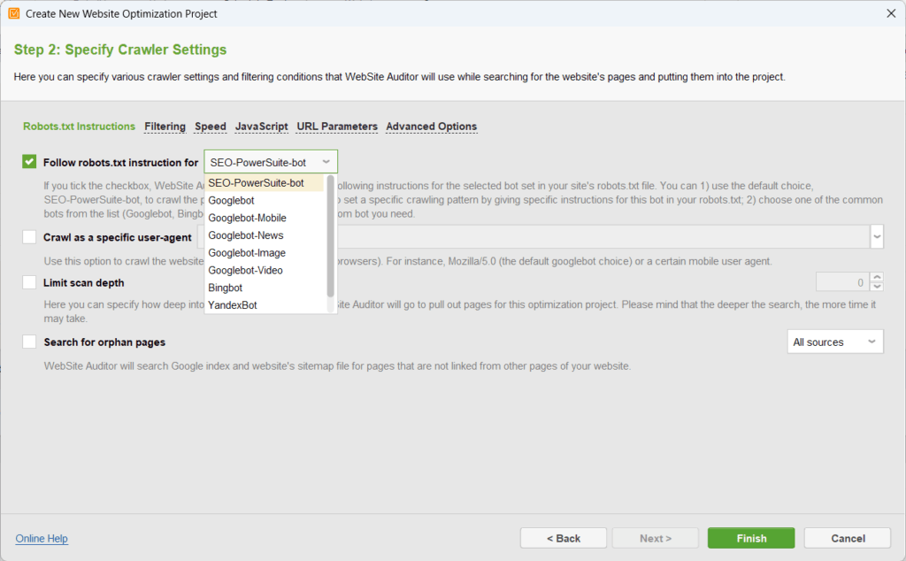 website auditor specify crawler settings WebSite Auditor crawler settings interface showing options for robots.txt instructions and a dropdown menu to select user-agents like Googlebot or Bingbot.
