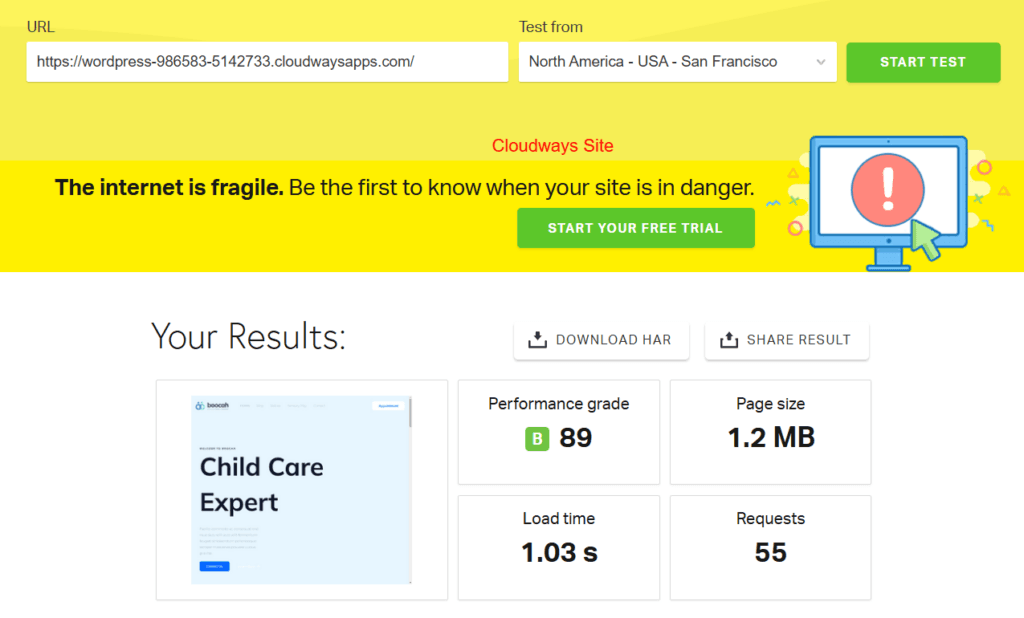 Cloudways Test Site - Pingdom test result