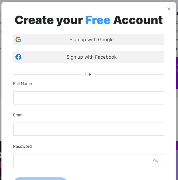 InVideo account registration and log in form Invideo AI registration pop-up window showing options to create a free account using Google, Facebook, or an email form with fields for full name and password.