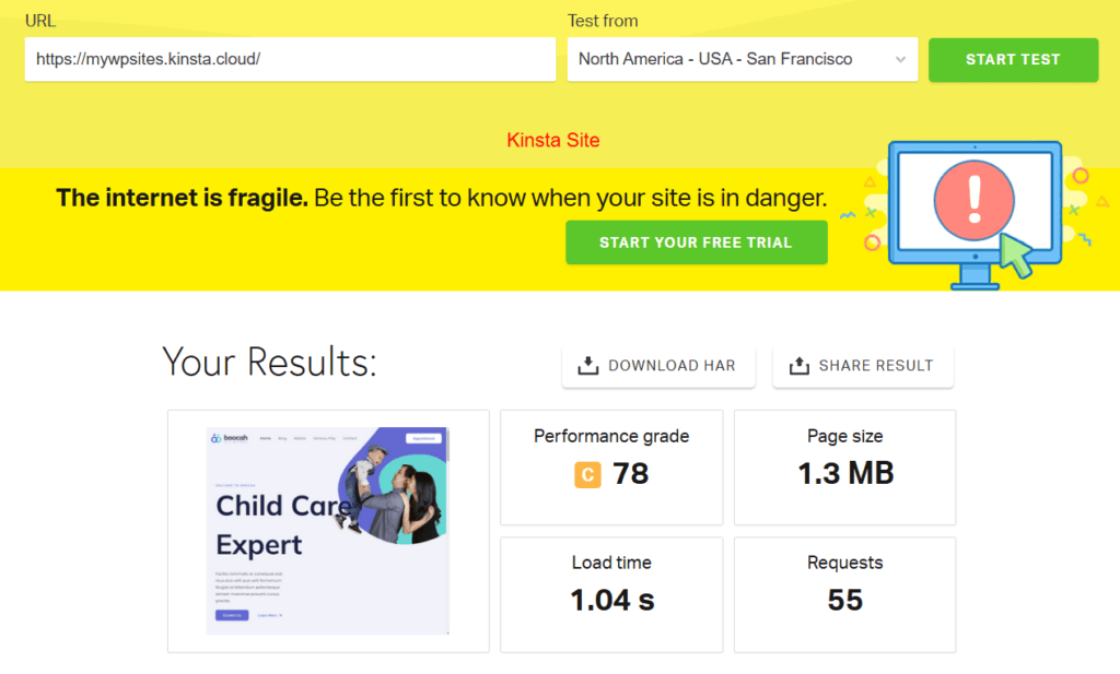 Kinsta test site - Pingdom test results