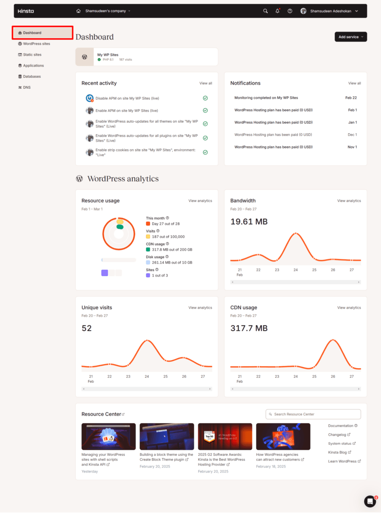 My Kinsta site dashboard