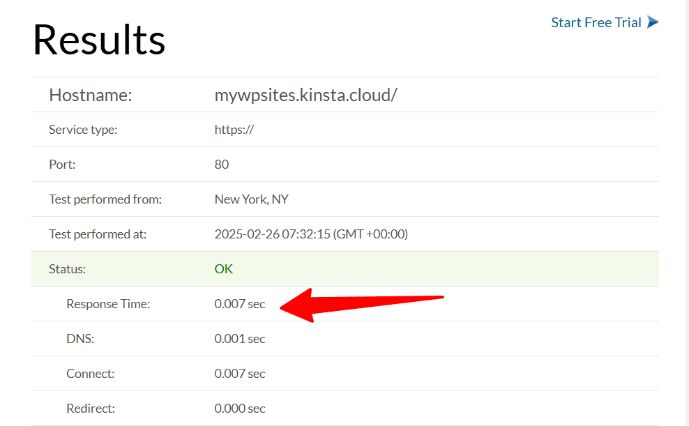 Server response time test for My Kinsta demo site