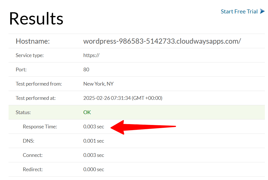 Server response time test for my Cloudways demo site