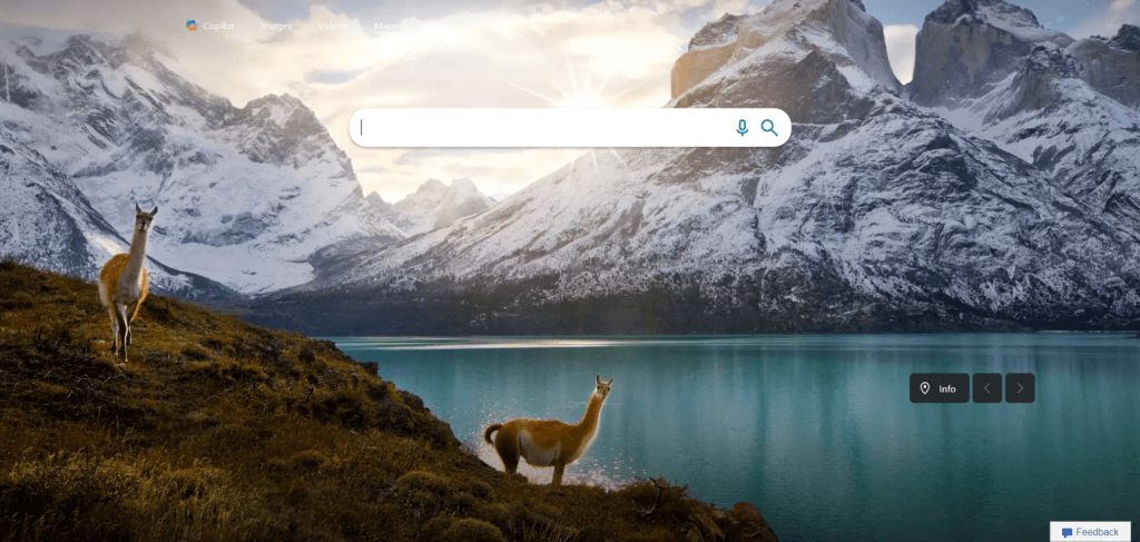 Bing Copilot AI search engine homepage featuring a search box and a tripod voice search icon.