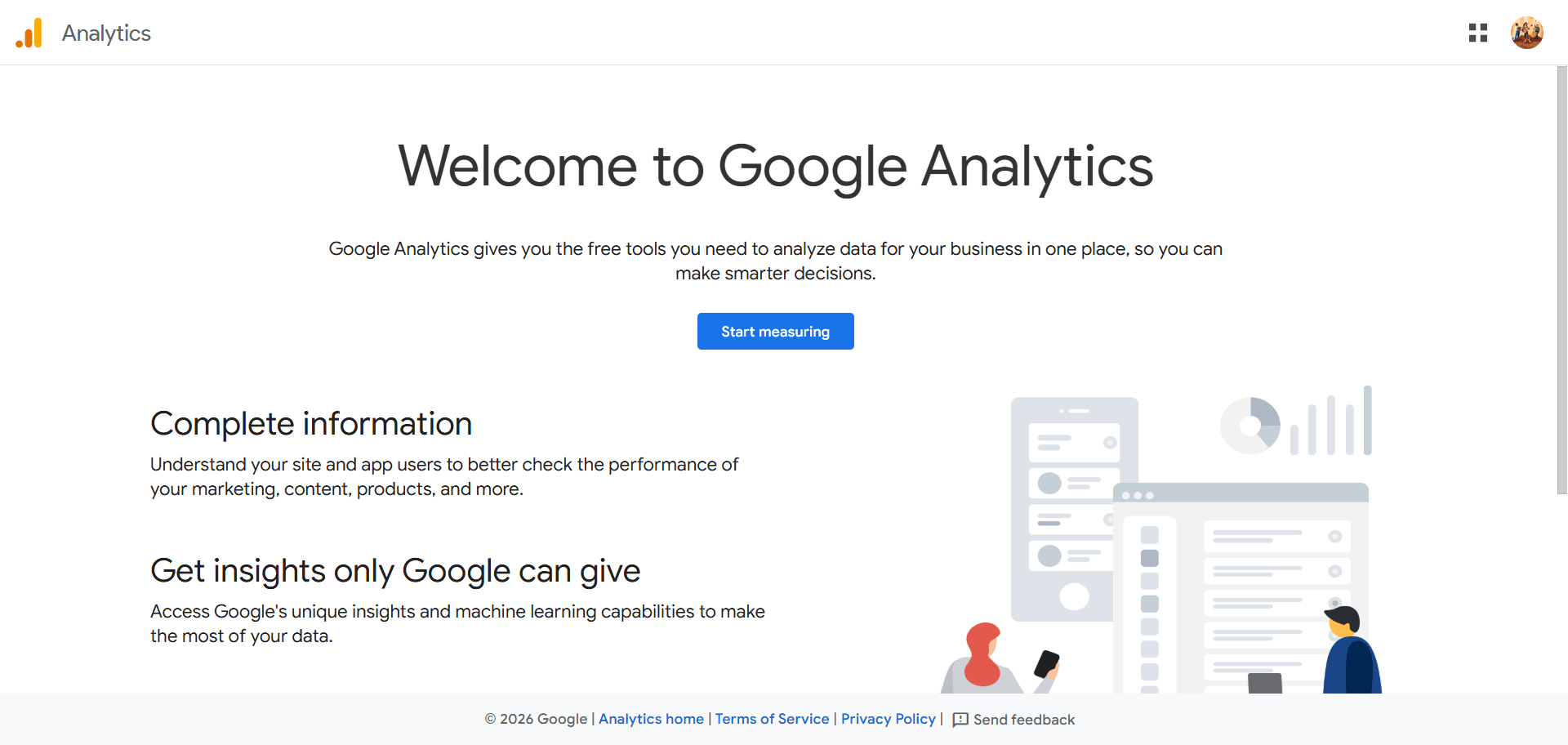 Welcome to Google Analytics landing page featuring an overview of its free data analysis tools, insights, and machine learning capabilities with a "Start measuring" button.