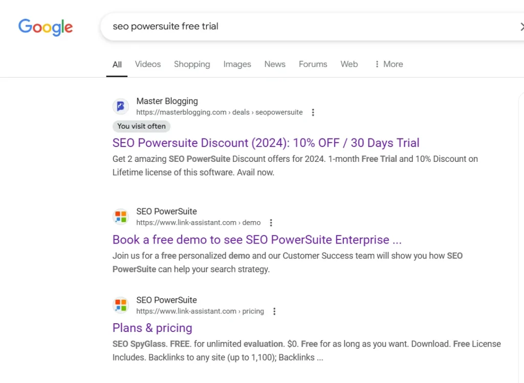 Google search results page for SEO PowerSuite free trial showing organic listings and links.