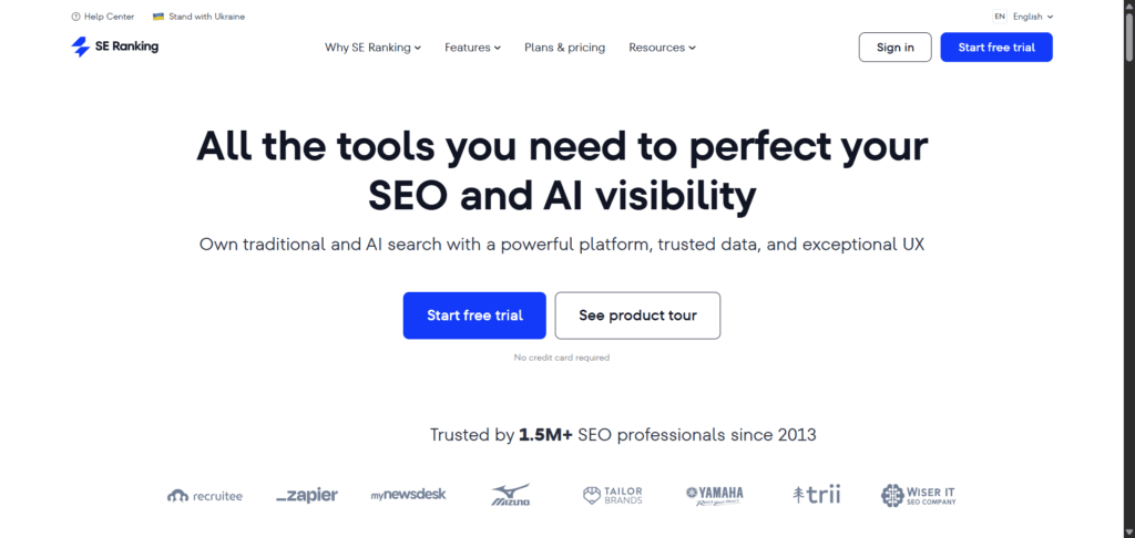 SE Ranking homepage promoting AI SEO software platform with free trial and SEO visibility tools.