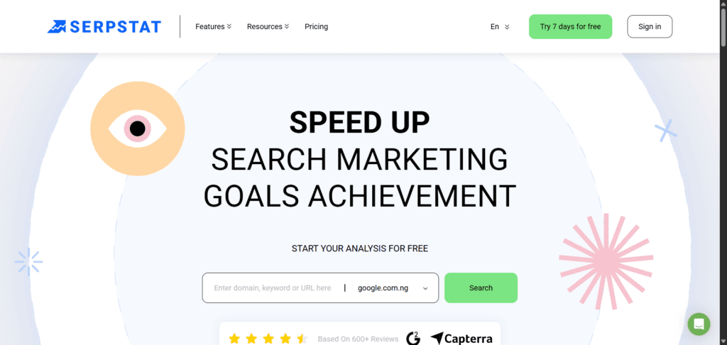 Serpstat landing page with the headline "Speed Up Search Marketing Goals Achievement," featuring a search bar to start free domain or keyword analysis.