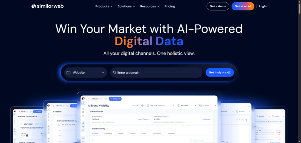 similarweb ai powered digital data intelligence Similarweb landing page with the headline "Win Your Market with AI-Powered Digital Data" and a search bar to enter a domain for insights.