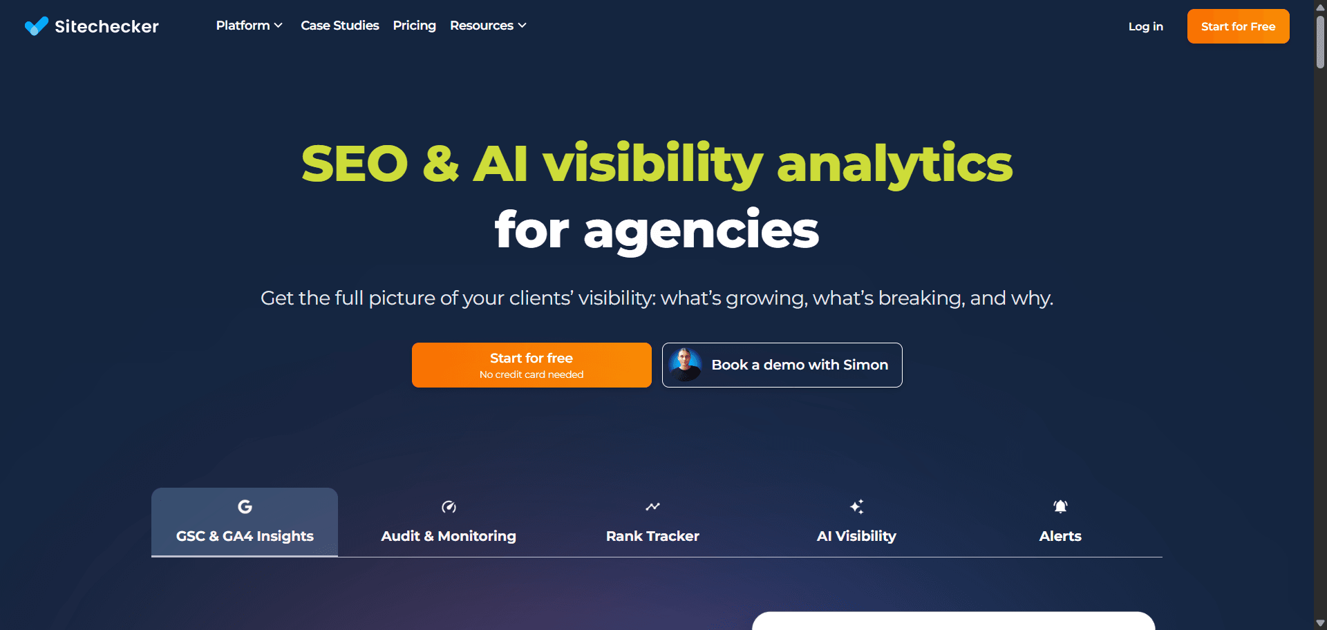 sitechecker seo and ai visibility analytics platform Sitechecker landing page featuring the headline "SEO & AI visibility analytics for agencies" with options for GSC & GA4 Insights, Audit & Monitoring, Rank Tracker, AI Visibility, and Alerts.