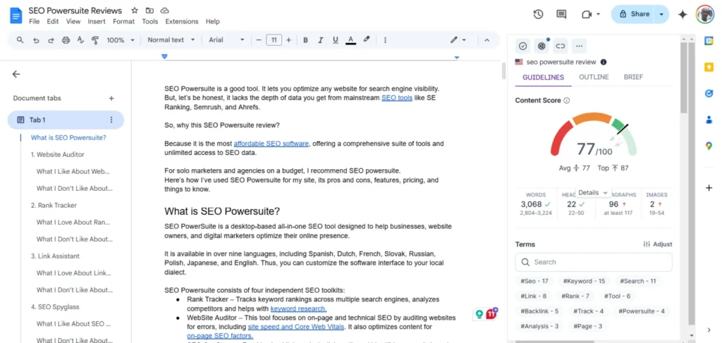 Surfer SEO Google Docs integration showing content editor, content score, and optimization guidelines panel.
