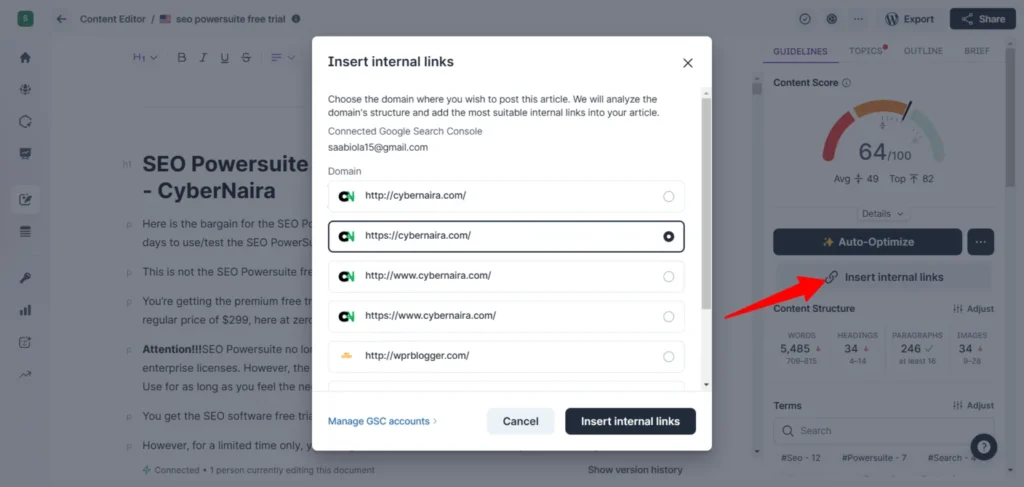 Surfer SEO Insert Internal Links Feature in Content Editor.