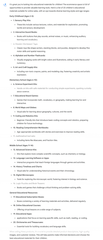 prompt response of 20 children's educational materials by school grade generated by Google Gemini