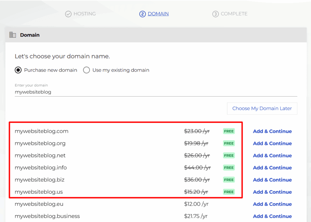 Free domain name registration page on Inmotion Hosting website