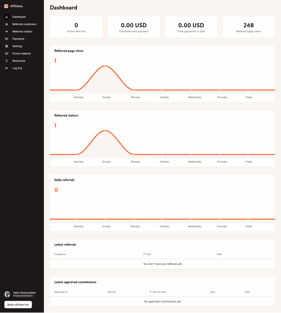 Kinsta Affiliate dashboard overview - CyberNaira Kinsta Affiliate dashboard overview