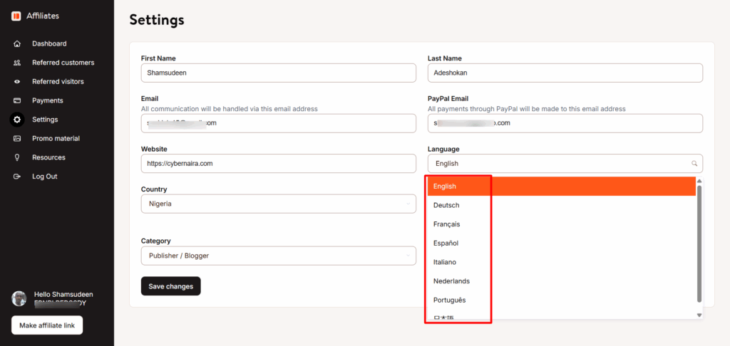 Setting page for Kinsta affiliate program - CyberNaira Setting page for Kinsta affiliate program